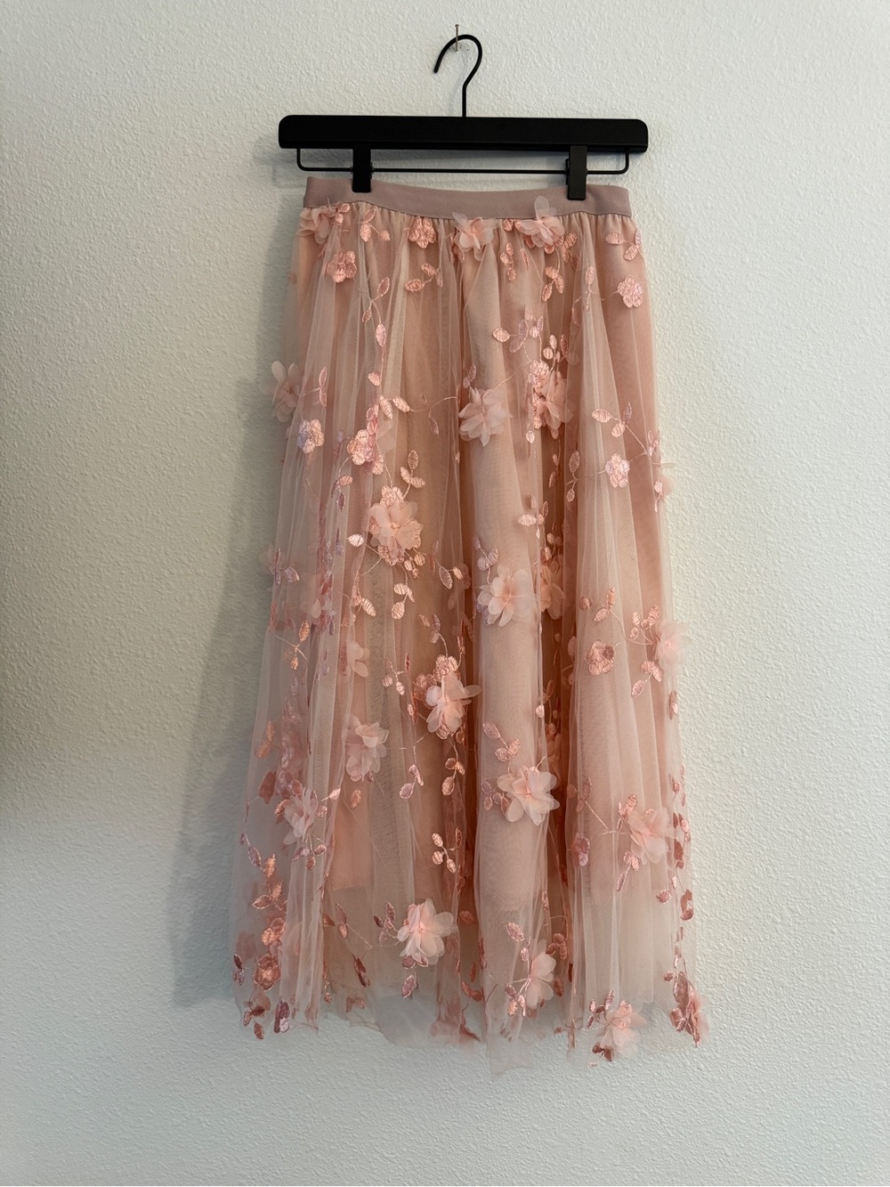 Floral Appliqué Tulle Midi Skirt - Blush Pink